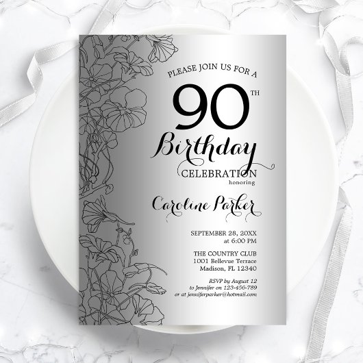 Invitation Silver Black Floral 90e fête d'anniversaire
