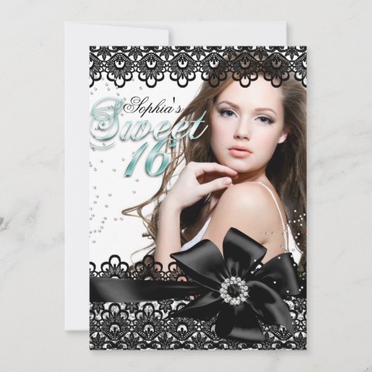 Invitation Silver Black Jade dentelle photo Sweet 16 Invitati (Devant)
