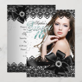 Invitation Silver Black Jade dentelle photo Sweet 16 Invitati (Devant / Derrière)