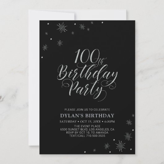 Invitation Silver & Black | Moderne fête d'anniversaire 100 a (Devant)