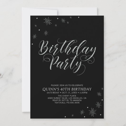 Invitation Silver & Black Photo moderne Adult Anniversaire Pa (Devant)