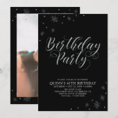 Invitation Silver & Black Photo moderne Adult Anniversaire Pa (Devant / Derrière)