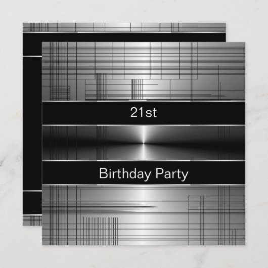 Invitation Silver Black Stripes Mans 21e fête d'anniversaire (Devant / Derrière)