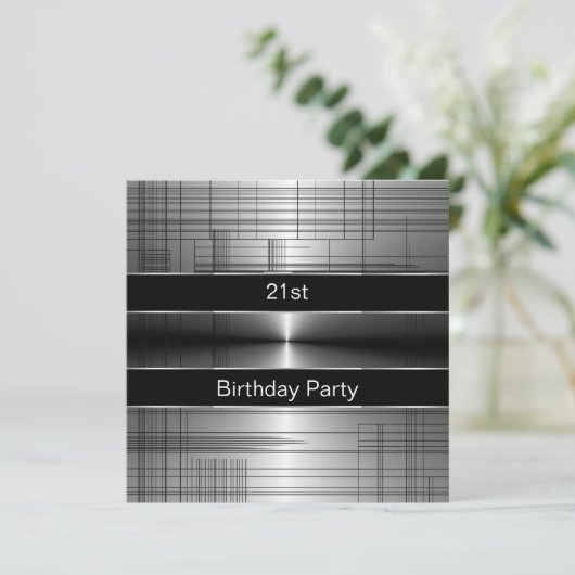 Invitation Silver Black Stripes Mans 21e fête d'anniversaire (Debout devant)
