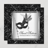 Invitation Silver Black White Sweet 16 Masquerade Party (Devant / Derrière)