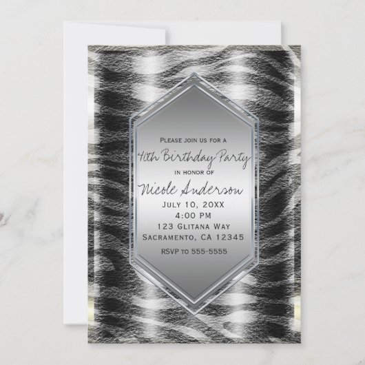 Invitation Silver Black Zebra Imprimer Anniversaire Fête N'im (Devant)