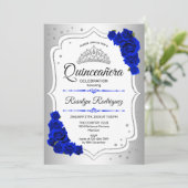 Invitation Silver Blanc Royal Blue Photo Quinceanera (Debout devant)