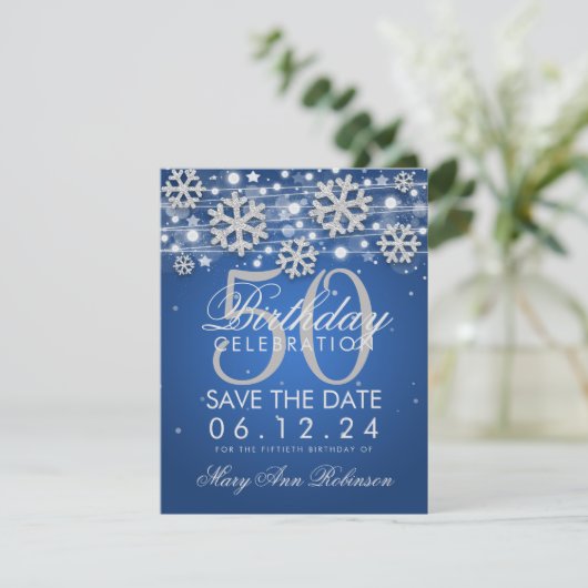 Invitation Silver Blue 50th Birthday Enregistrer la date Hive (Debout devant)