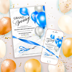 Invitation Silver Blue Balloons Restaurant Grand Ouverture