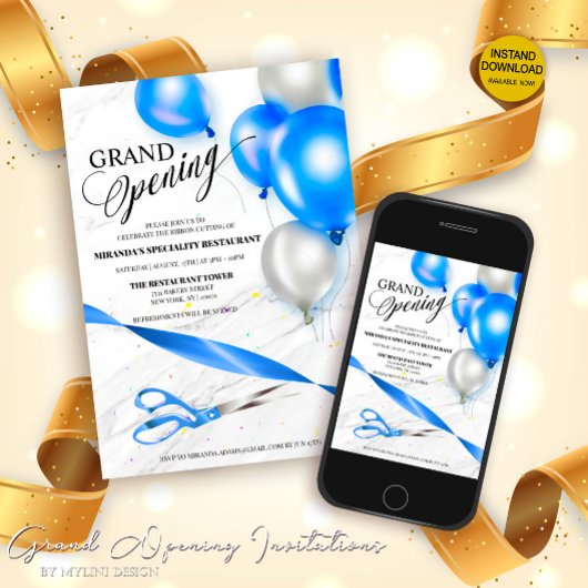 Invitation Silver Blue Balloons Restaurant Grand Ouverture