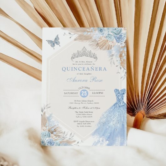 Invitation Silver Blue Boho Floral Quinceañera 15e anniversai