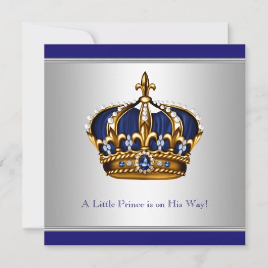 Invitation Silver Blue Crown Prince Baby Boy Douche (Devant)
