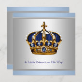 Invitation Silver Blue Crown Prince Baby Boy Douche (Devant / Derrière)