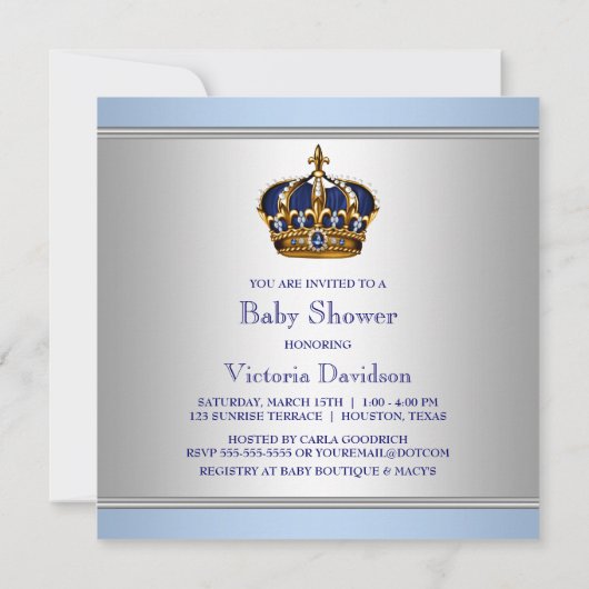 Invitation Silver Blue Crown Prince Baby Boy Douche (Dos)