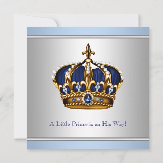 Invitation Silver Blue Crown Prince Baby Boy Douche (Devant)