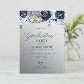 Invitation Silver Blue Floral Photo Graduation Party (Debout devant)