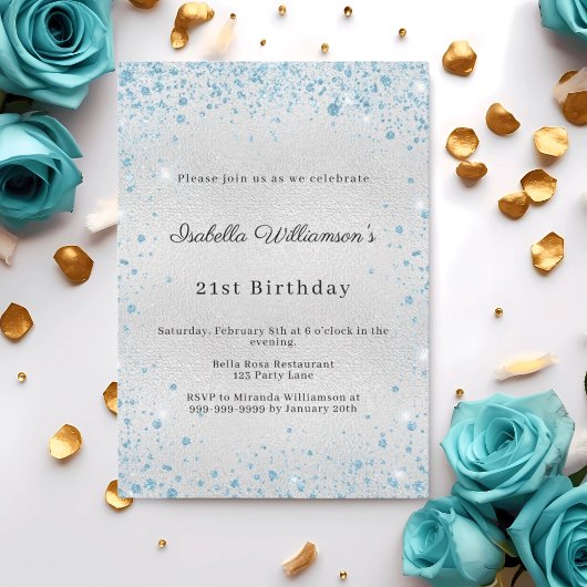 Invitation Silver blue glitter winter birthday
