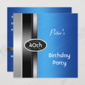 Invitation Silver Blue Mens 40e anniversaire homme de fête (Devant / Derrière)