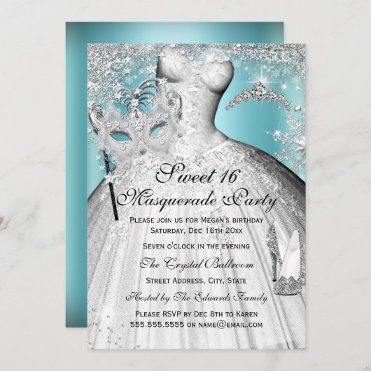 Invitation Silver Blue Princess Masquerade Sweet 16 Invitatio (Devant / Derrière)