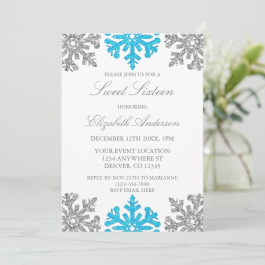 Invitation Silver Blue Snowflake hiver Sweet 16 (Debout devant)