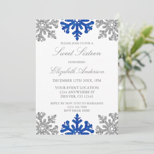Invitation Silver Blue Snowflake hiver Sweet 16 (Debout devant)