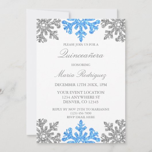 Invitation Silver Blue Snowflake Quinceanera hiver (Devant)