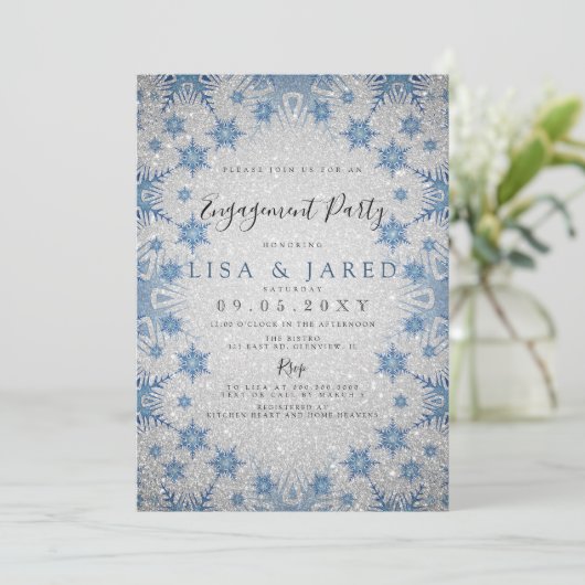 Invitation Silver Blue Snowflakes (Debout devant)