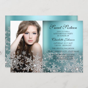 Invitation Silver Blue Sparkle Snowflake Photo Sweet 16
