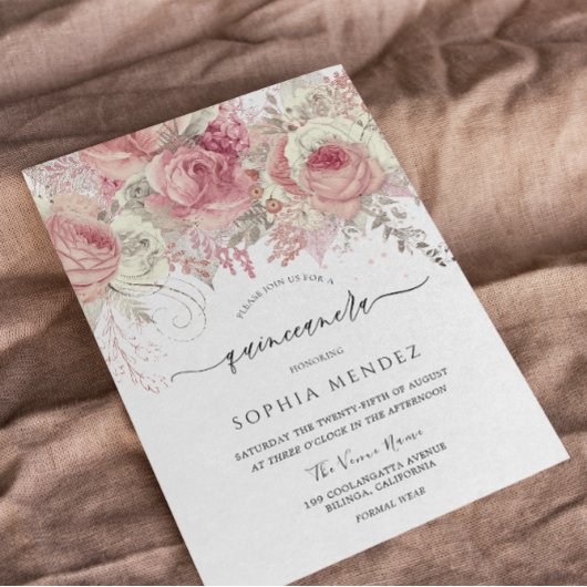 Invitation Silver & Blush Enchanted Floral Quinceanera Party