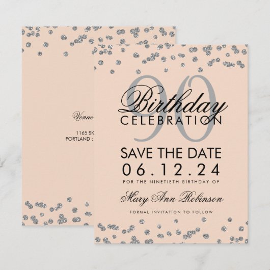 Invitation Silver Blush Pink 90e Anniversaire Date de sauvega (Devant / Derrière)