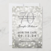 Invitation Silver Bokeh 70th Birthday Save Date Détails (Devant)