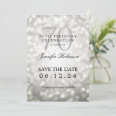 Invitation Silver Bokeh 70th Birthday Save Date Détails (Debout devant)