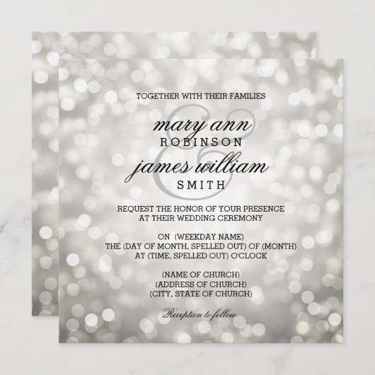 Invitation Silver Bokeh éclaire un mariage élégant (Devant / Derrière)