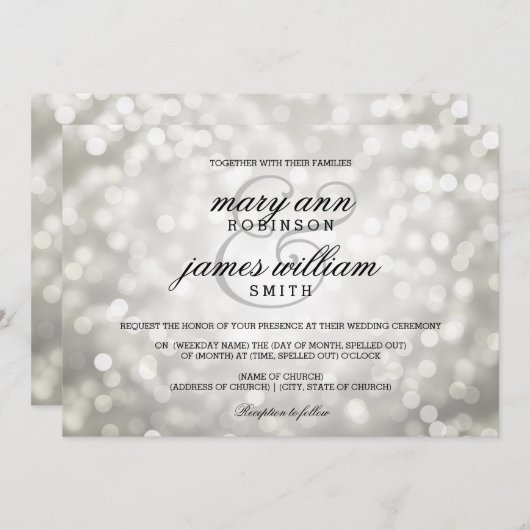 Invitation Silver Bokeh éclaire un mariage élégant (Devant / Derrière)