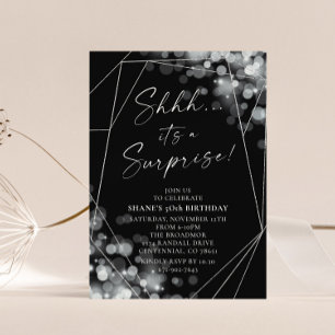Invitation Silver Bokeh Surprise fête d'anniversaire