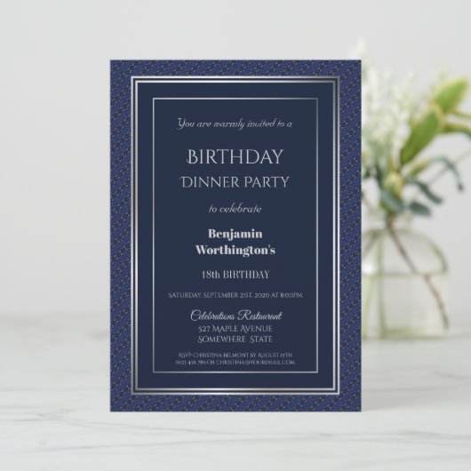 Invitation Silver Border Blue 18th Birthday Dinner (Debout devant)