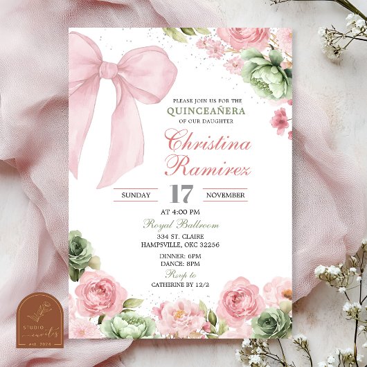Invitation Silver Bow Sage Pink Coquette Floral Quinceanera