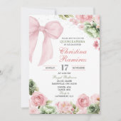 Invitation Silver Bow Sage Pink Coquette Floral Quinceanera (Devant)