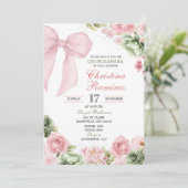 Invitation Silver Bow Sage Pink Coquette Floral Quinceanera (Debout devant)