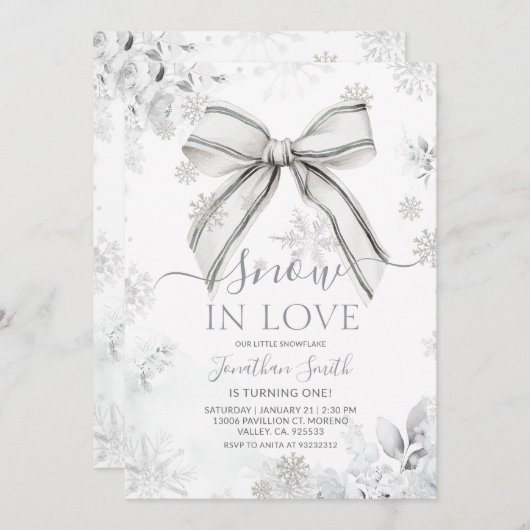 Invitation Silver Bow Snow In Love Snowflake 1st Birthday (Devant / Derrière)