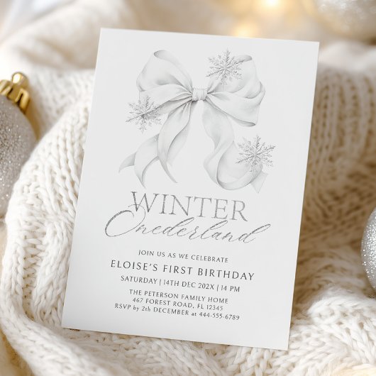 Invitation Silver Bow Winter Onederland 1er Anniversaire