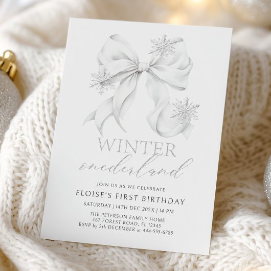 Invitation Silver Bow Winter Onederland 1st Birthday