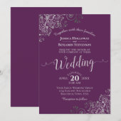 Invitation Silver Calligraphy Elegant Plum Purple Wedding (Devant / Derrière)