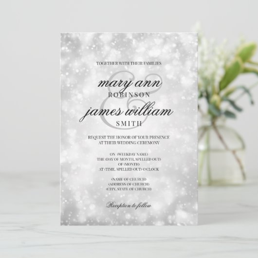 Invitation Silver Champagne Bokeh Mariage élégant (Debout devant)