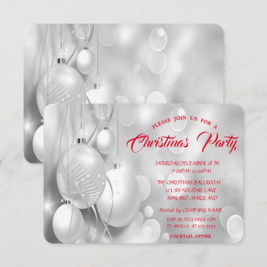 Invitation Silver Christmas Balls Company Christmas Party (Devant / Derrière)