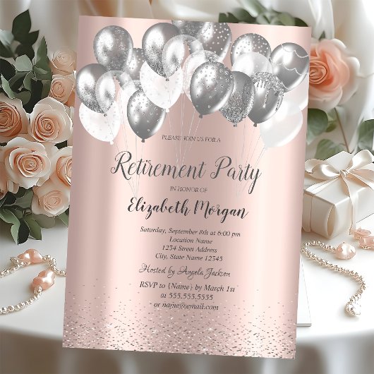 Invitation Silver Confetti Ballons Rose Gold Retraite