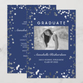 Invitation Silver Confetti Marine Bleu Élégant Photo Graduati (Devant / Derrière)