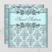 Invitation Silver Damask Turquoise Blue Sweet 16 Anniversaire (Devant / Derrière)
