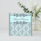 Invitation Silver Damask Turquoise Blue Sweet 16 Anniversaire (Debout devant)