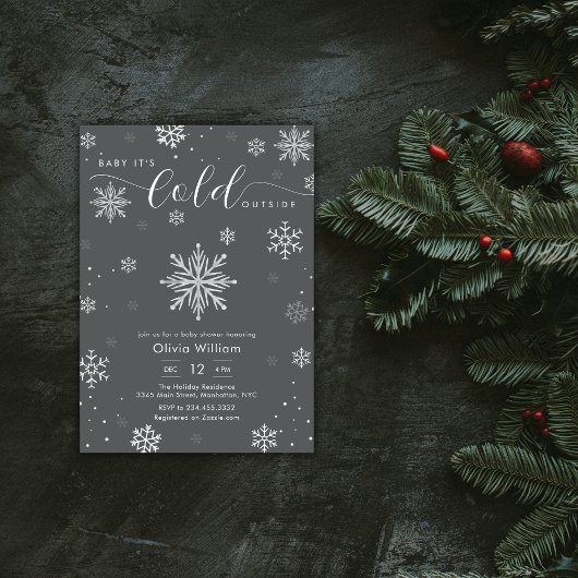 Invitation Silver Dark Grey Winter Snowflake Baby Shower 